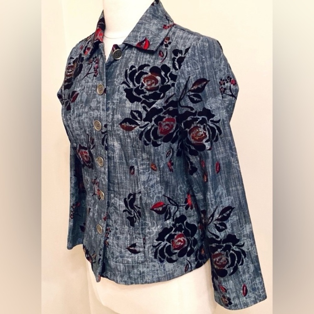 Additions by Chico Denim Velvet Floral SZ 4 Retro Vintage Boho Statement Jacket - Picture 7 of 12